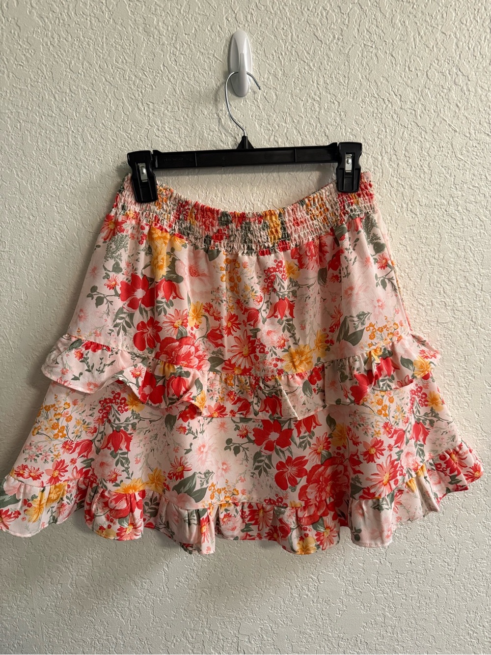 Smocked Waist Floral Ruffle A-Line Skirt - Pink Floral